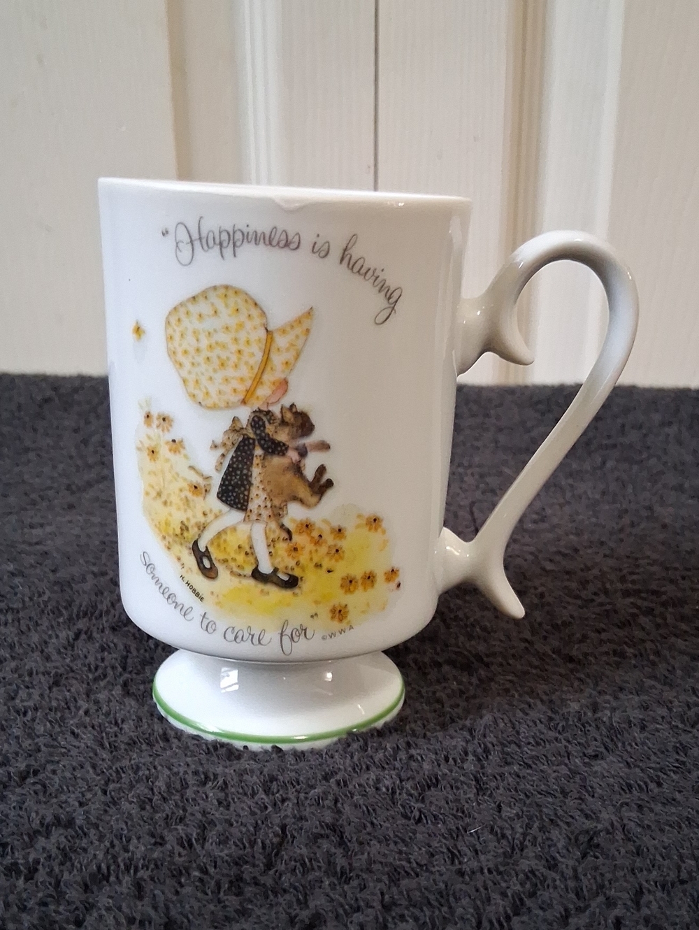 Holly Hobbie Ceramic Pedestal Mug Yellow Floral "Happiness Is Having Someone..."